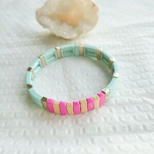 New Gold Roxanne Assoulin Rainbow Brite Light Blue Pink Orange Stretch Bracelet